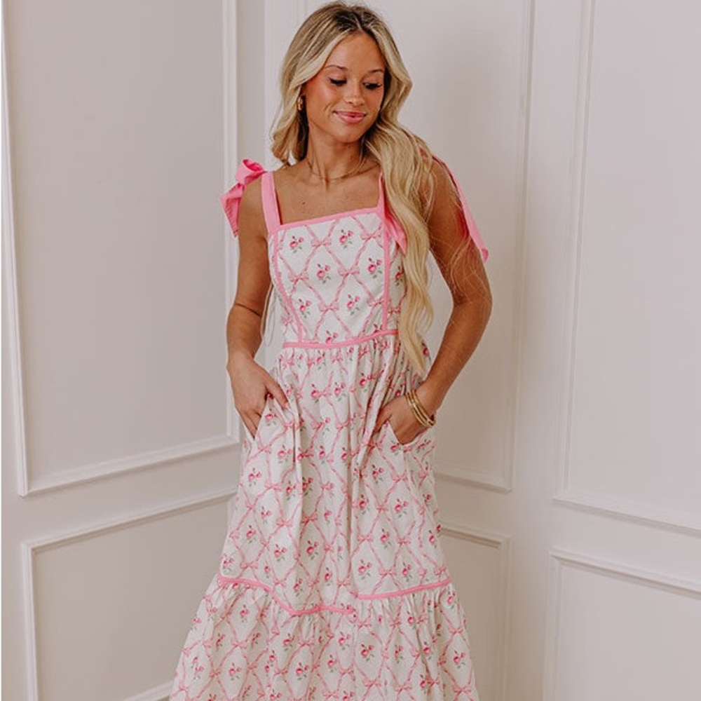 Impressions Boutique pink bow and floral midi dress